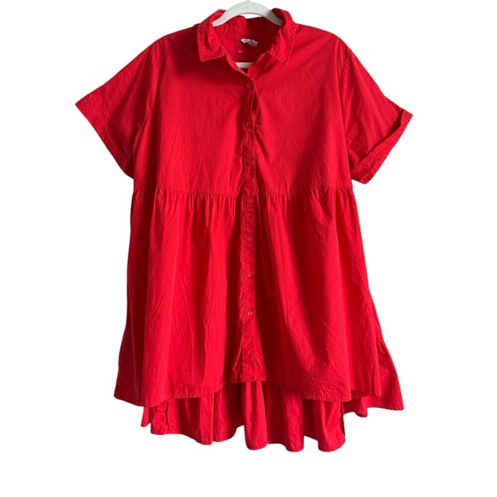CATO Shirt Dress Women’s 18-20W Red‎ Cotton Button Front Hi-Low Hem Short Sleeve